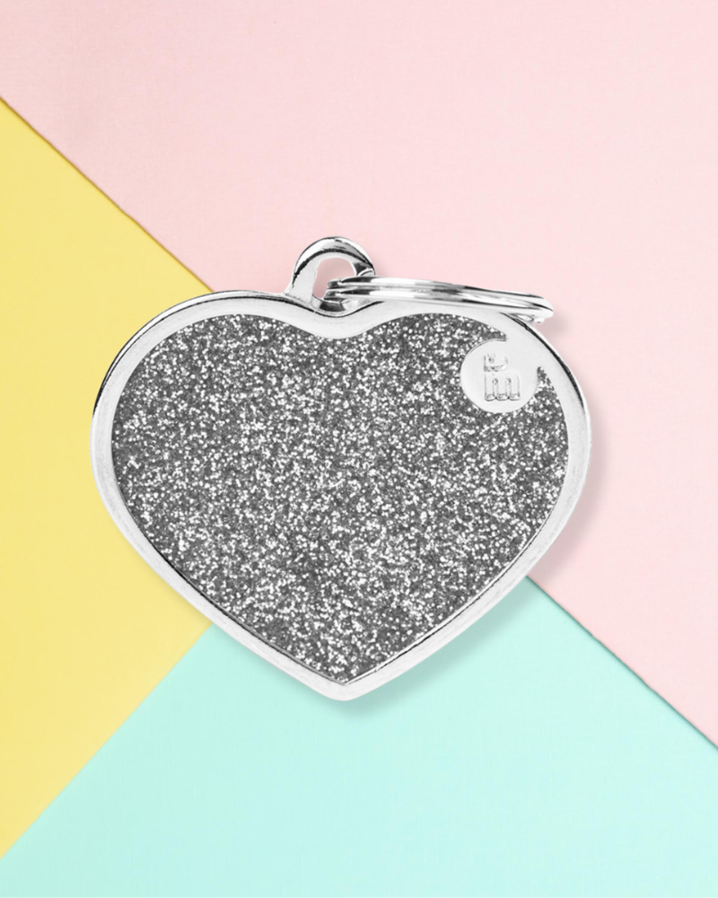 Silver Glitter Heart Custom Pet ID Tag Wear MY FAMILY   