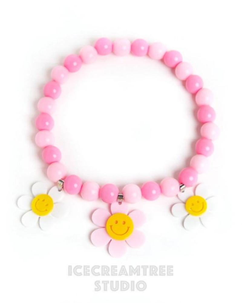 Smile Daisy with Pink Rose Beads Pet Necklace  </br> (Made in the USA) Wear ICECREAMTREE STUDIO   