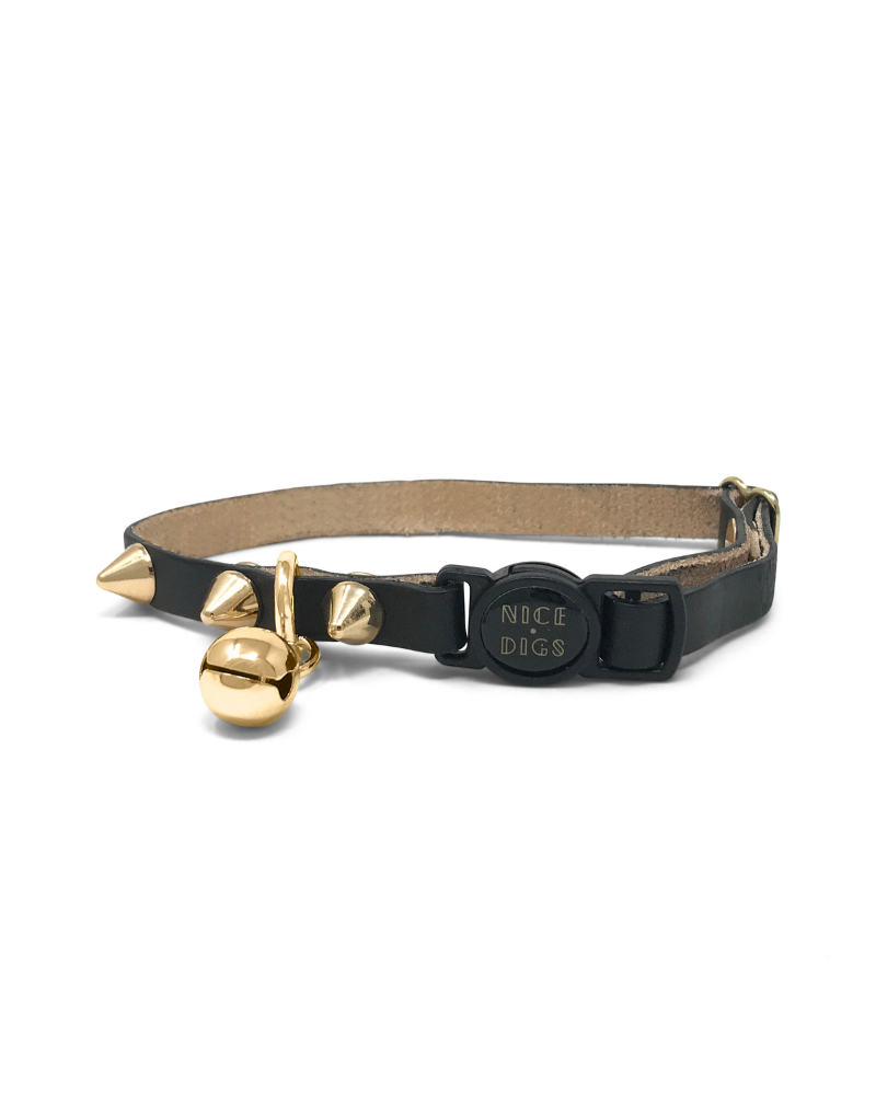 Spike Leather Cat Collar in Gold Noir WALK NICE DIGS   