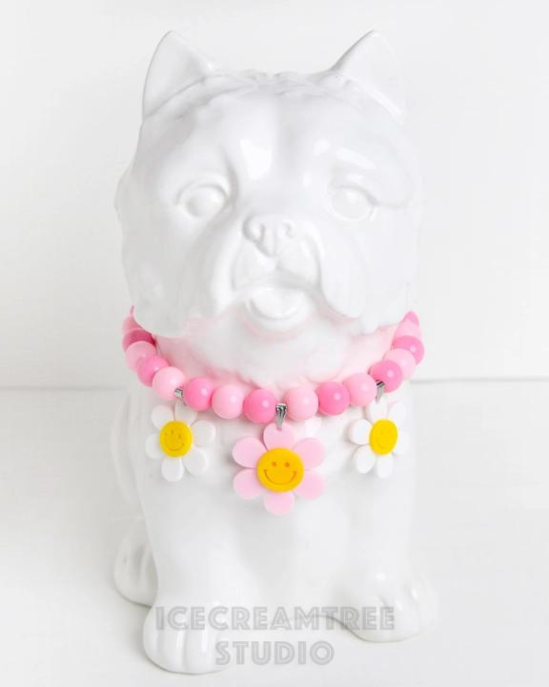 Smile Daisy with Pink Rose Beads Pet Necklace  </br> (Made in the USA) Wear ICECREAMTREE STUDIO   