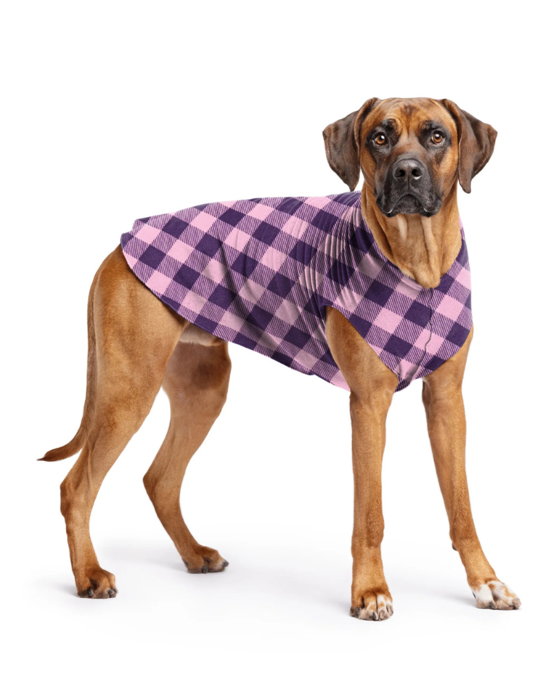 Buffalo Plaid Pink Plaid Dog Coat GOLD PAW Stretch Fleece In Pink
