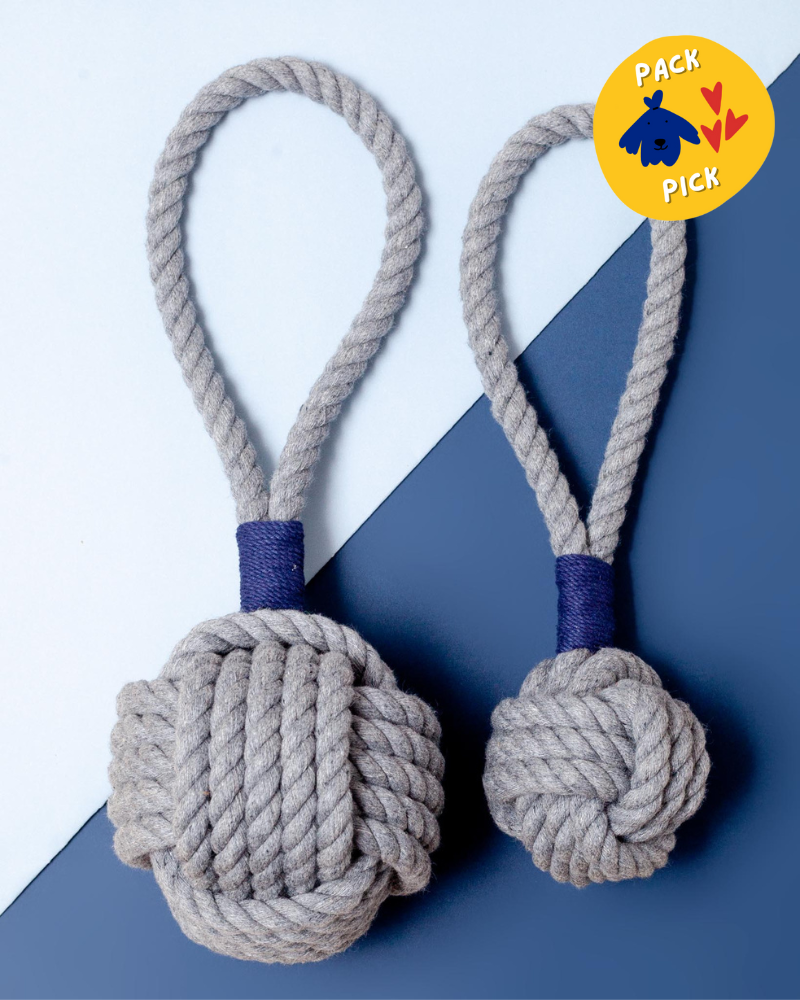Monkey Fist Rope Dog Toy in Gray with Navy Whipping Made in the USA