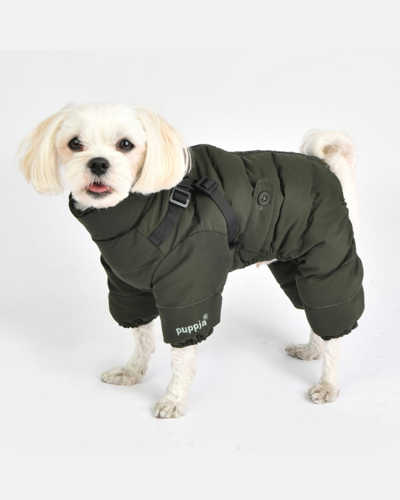 PUPPIA | Ultralight Soft Dog Puffer Onesie with Harness in Green