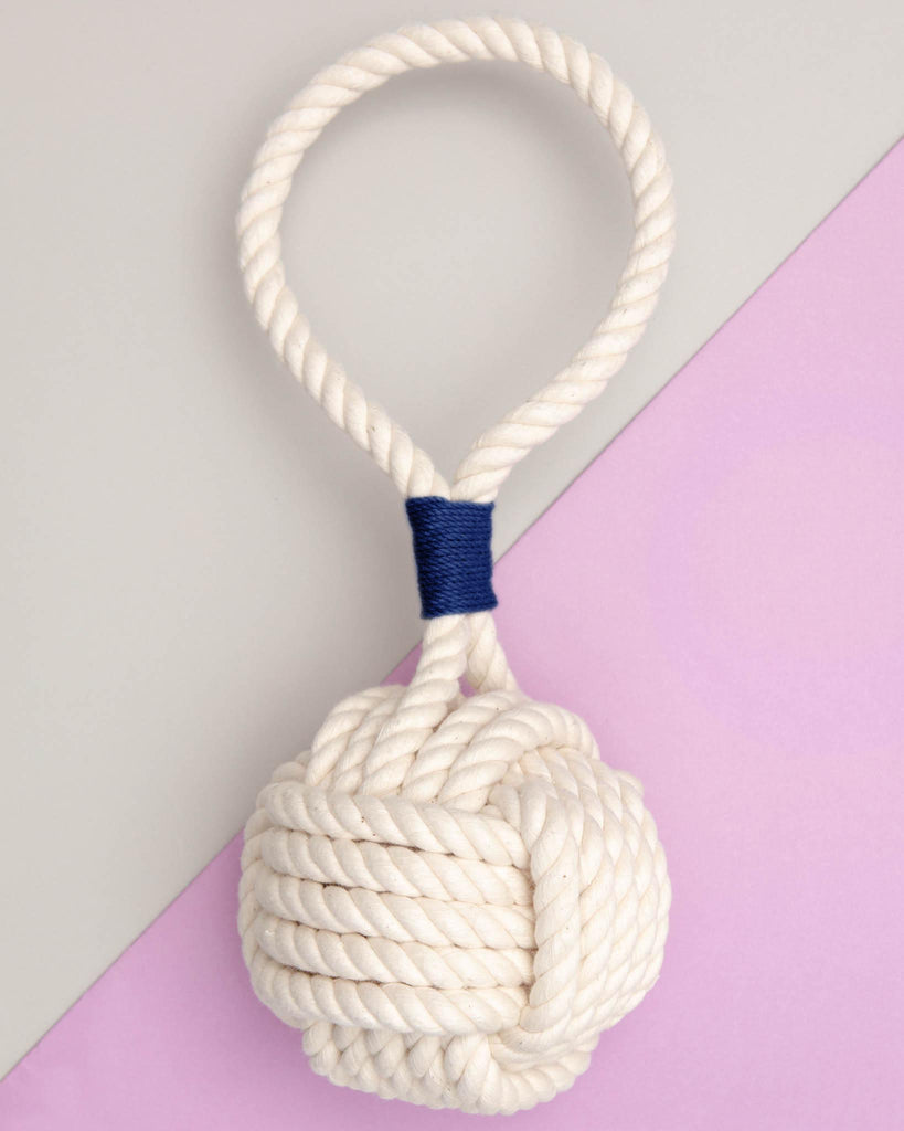 Monkey Fist Rope Dog Toy in White with Navy Whipping (Made in the USA) Play MYSTIC KNOTWORK   