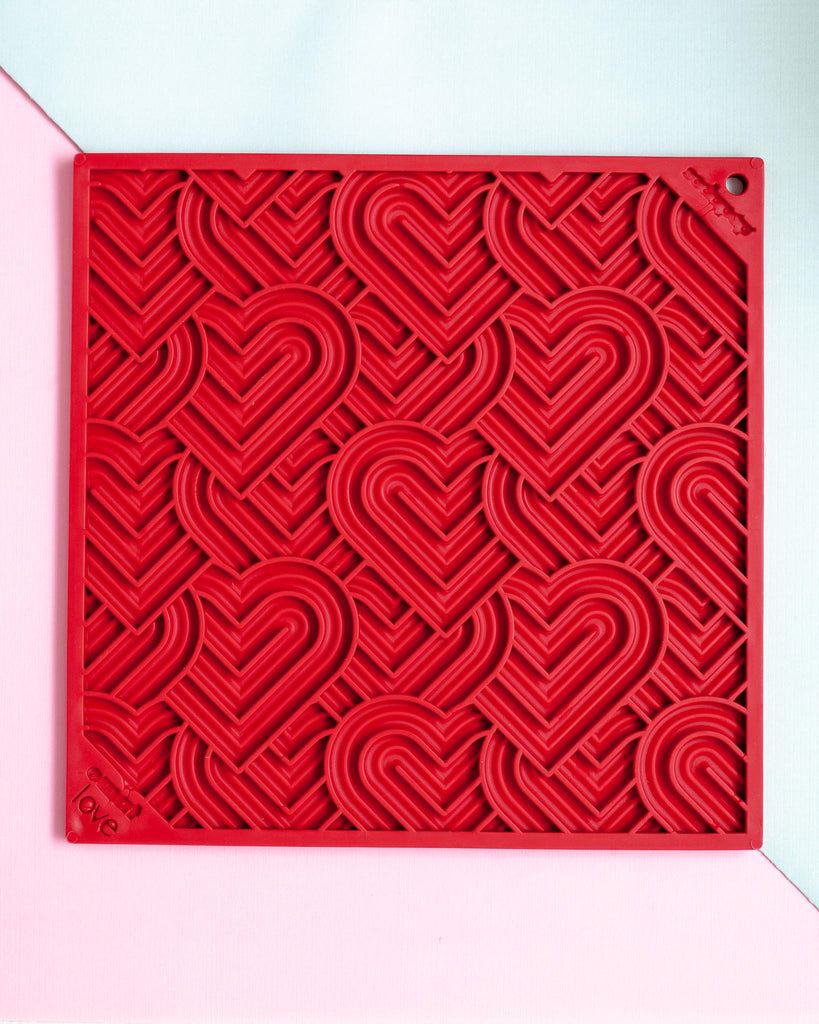 Hearts Dog Lick Mat in Red (Made in the USA) Eat SODA PUP Medium (Square)  