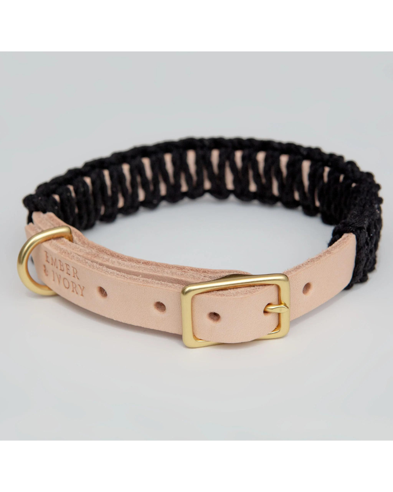 Macrame Leather Dog Collar in Black w Natural Made in the USA