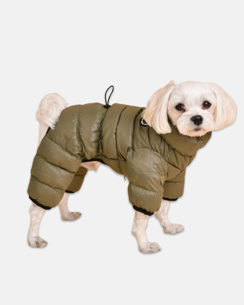 PUPPIA | Ultra Light Winter Puffer Jumpsuit in Dark Khaki | DOG & CO.