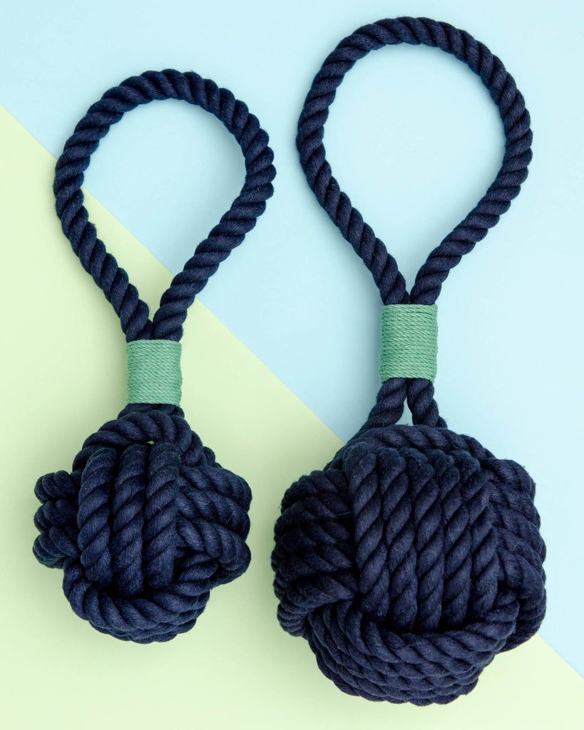 Monkey Fist Rope Dog Toy in Navy with Green Whipping (Made in the USA) Play MYSTIC KNOTWORK   