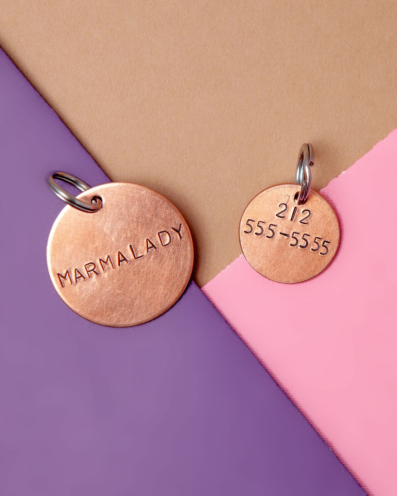 Custom-Stamped Round Pet Name Tag in Copper, Brass, or Aluminum (Custom/Drop-Ship) DROP-SHIP WOWIE GOODS Copper - Small  