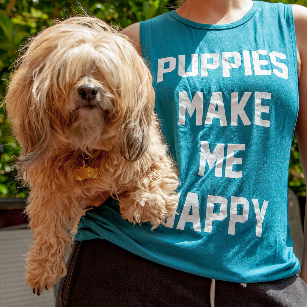 Sleeveless Puppies Make Me Happy Tank in Mermaid (FINAL SALE) Human PUPPIES MAKE ME HAPPY   