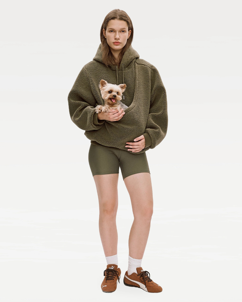 Unisex Fleece Hoodie with Built-In Kangaroo Pouch Dog Carrier in Olive Carry RIIKYU