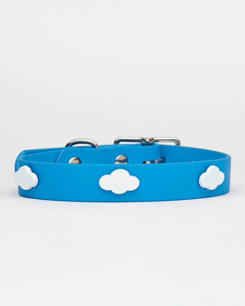 Sky Blue Vegan Leather Dog Collar with Clouds (Made in Canada) WALK HOT DOGS ALL DRESSED   