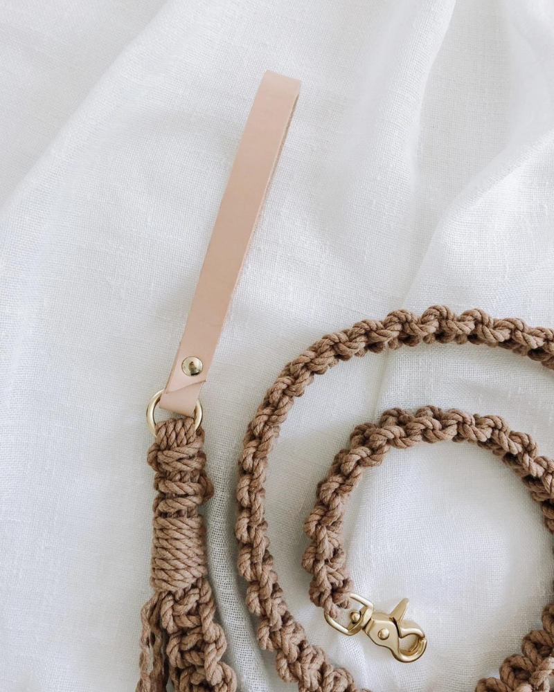 Macrame and Leather Dog Leash in Brown (Made in the USA) WALK EMBER & IVORY   