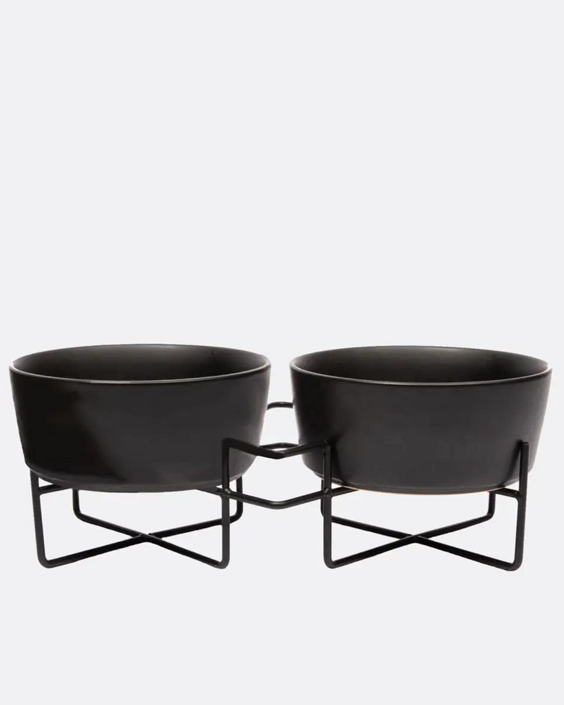 Simple Solid Double Feeder Bowl + Bowl Stand in Black Eat WAGGO   
