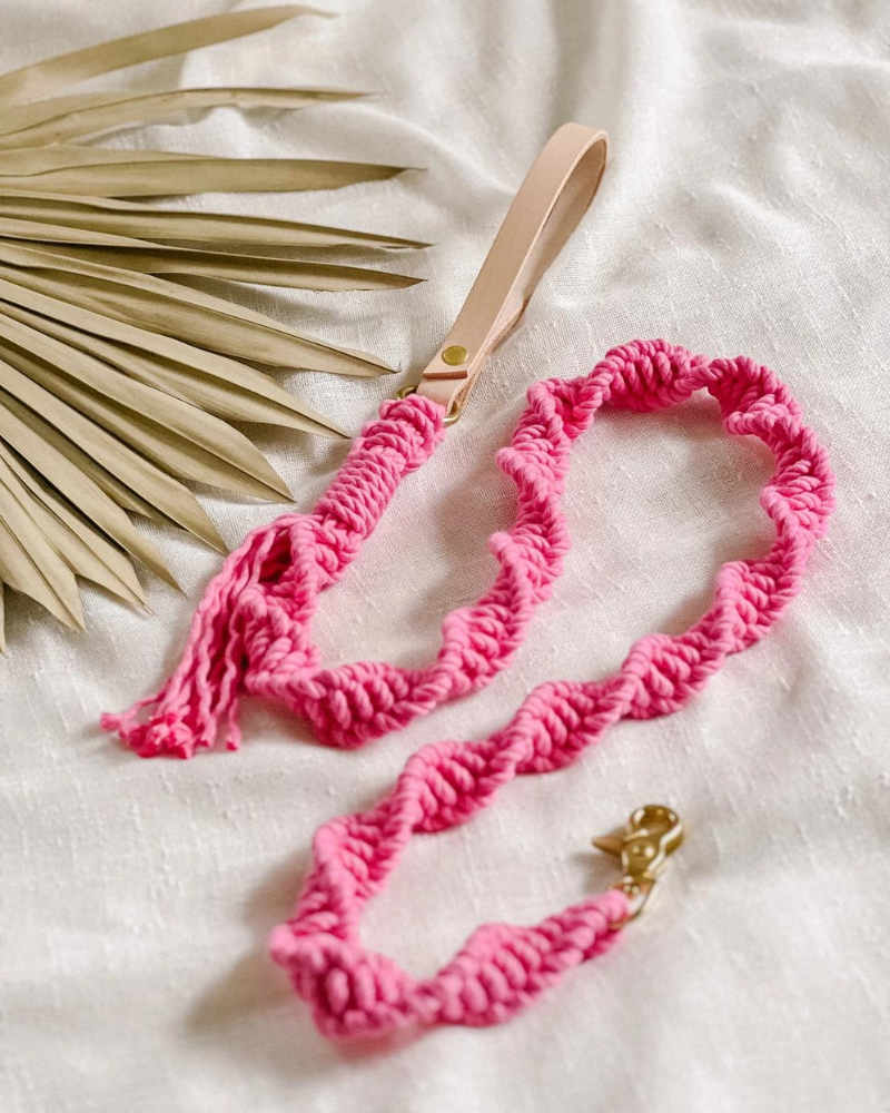 Macrame and Leather Dog Leash in Hot Pink (Made in the USA) WALK EMBER & IVORY   