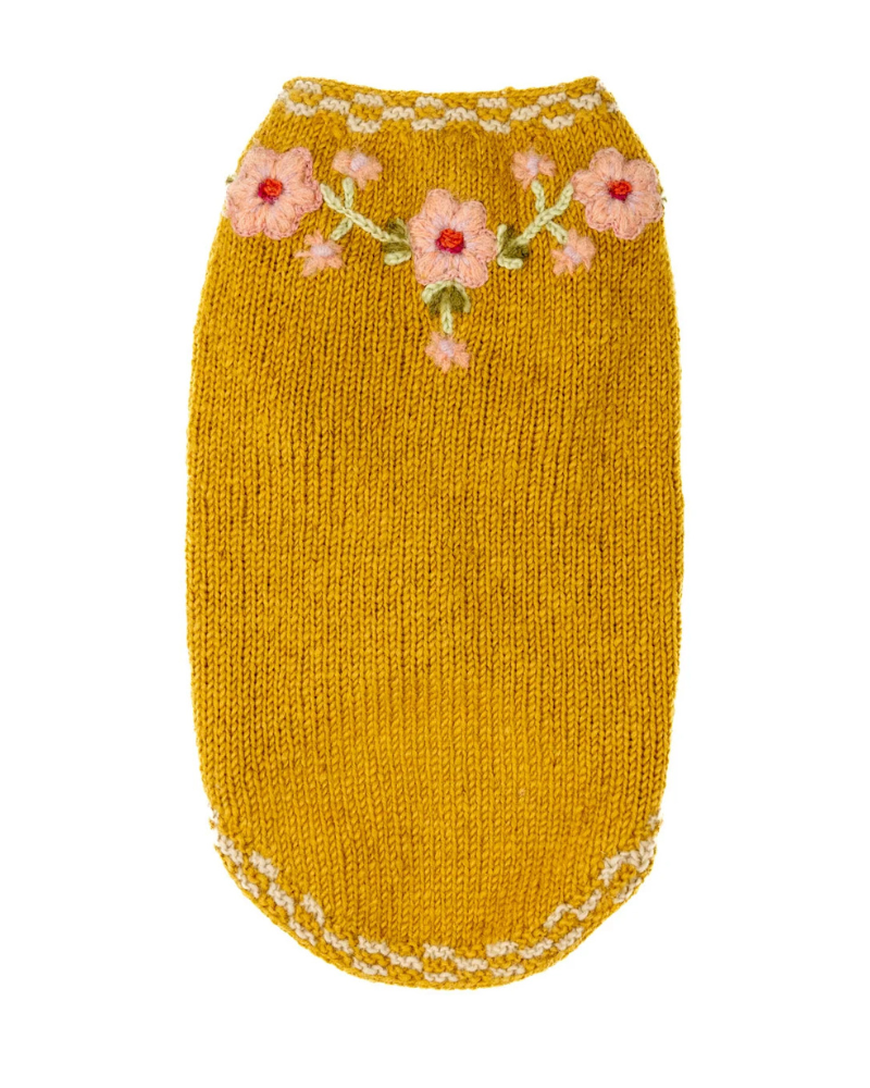 Yellow Floral Eileen Hand Embroidered Knitted Wool Dog Sweater Wear FRENCH KNOT
