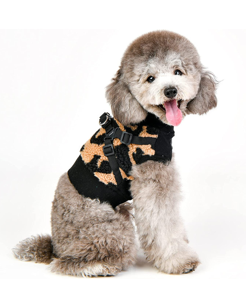 Leopard Fleece Dog Harness Vest in Beige (FINAL SALE) WALK PUPPIA   