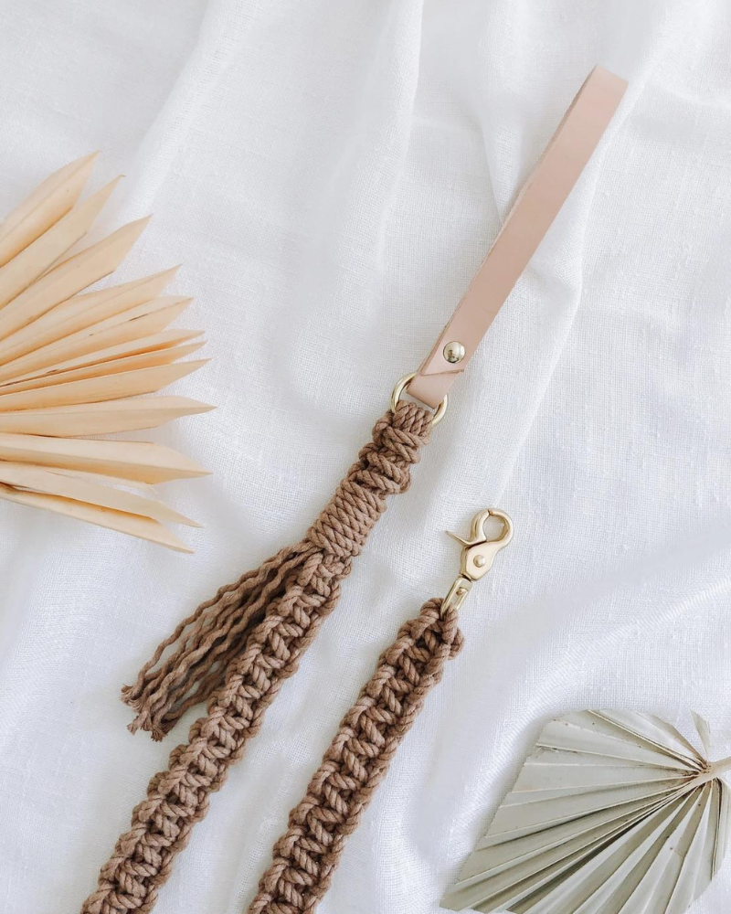 Macrame and Leather Dog Leash in Brown (Made in the USA) WALK EMBER & IVORY   