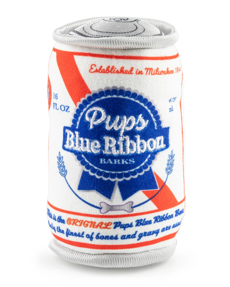 Pups Blue Ribbon Beer Can Squeaky Plush Dog Toy Play HAUTE DIGGITY DOG   
