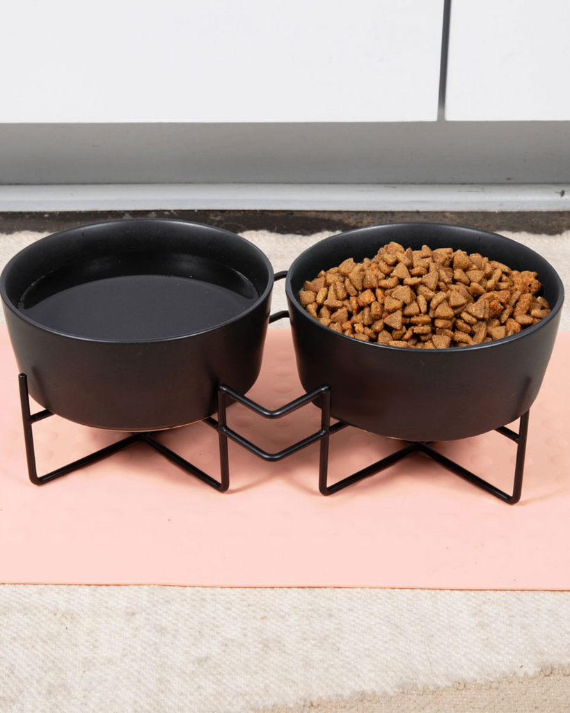 Simple Solid Double Feeder Bowl + Bowl Stand in Black Eat WAGGO   