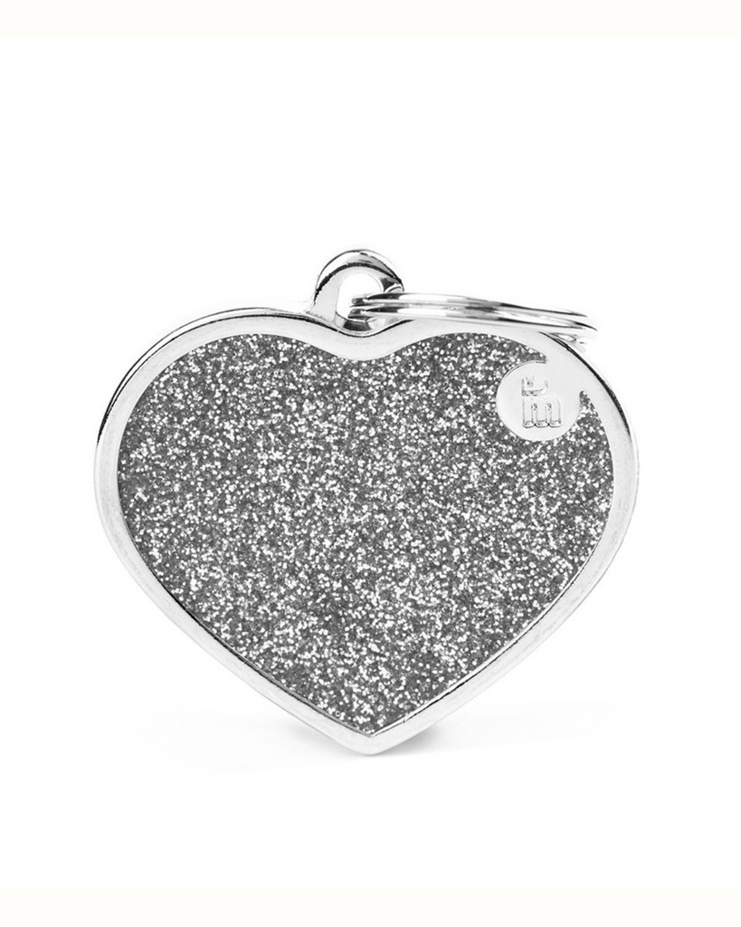 Silver Glitter Heart Custom Pet ID Tag Wear MY FAMILY   