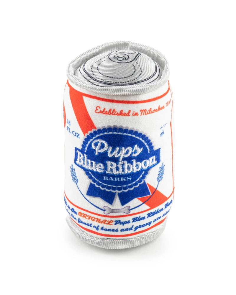 Pups Blue Ribbon Beer Can Squeaky Plush Dog Toy Play HAUTE DIGGITY DOG   