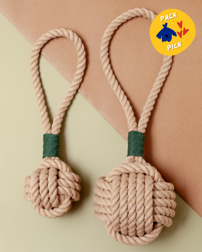 Monkey Fist Rope Dog Toy in Tan with Forest Green Whipping (Made in the USA) Play MYSTIC KNOTWORK   