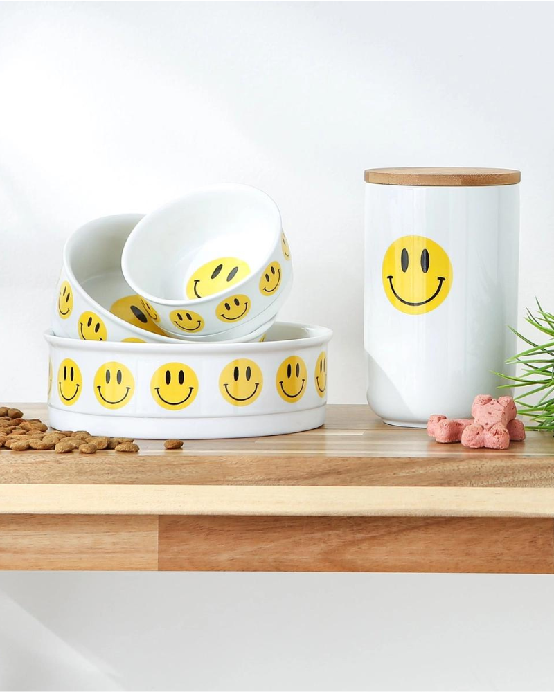 Let's Get Happy Smiley Face Pet Bowls Eat BONE DRY   