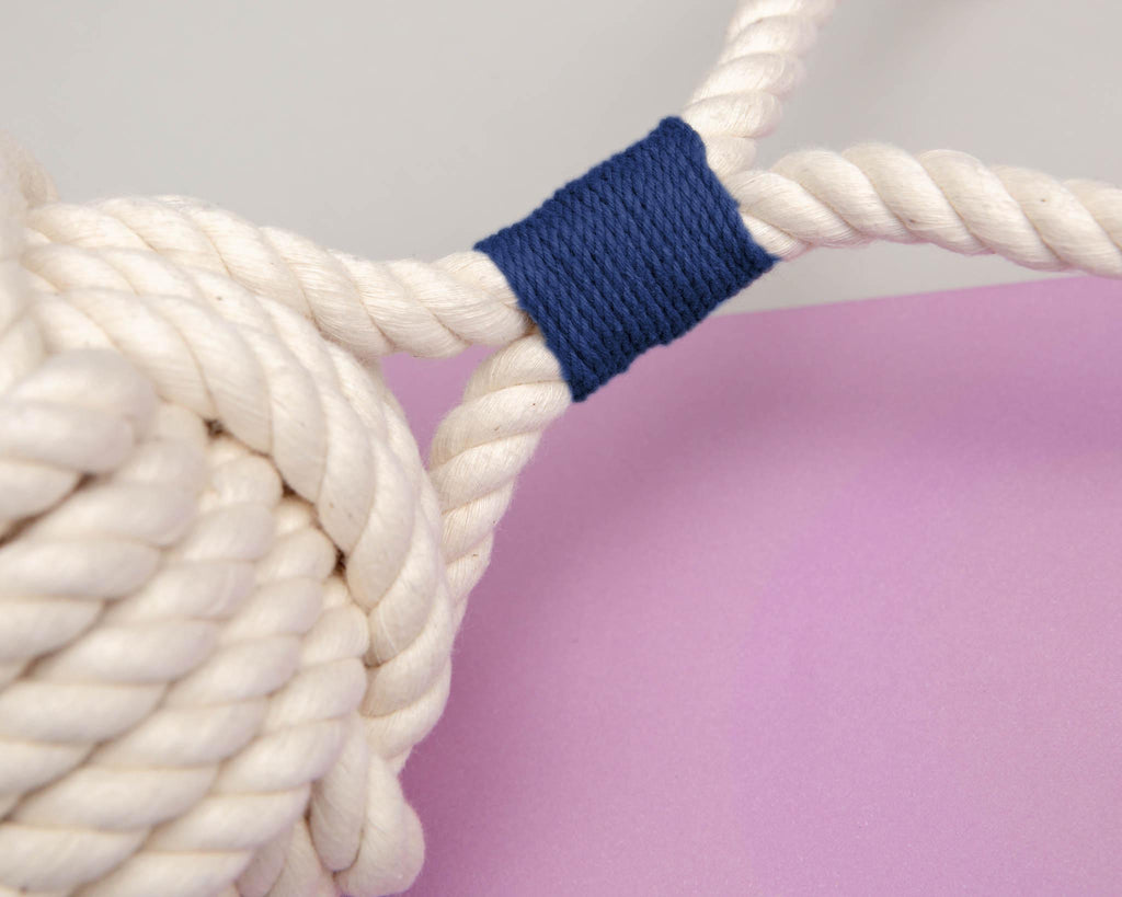 Monkey Fist Rope Dog Toy in White with Navy Whipping (Made in the USA) Play MYSTIC KNOTWORK   