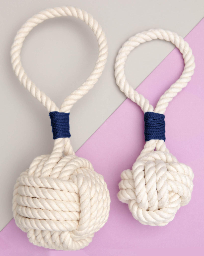 Monkey Fist Rope Dog Toy in White with Navy Whipping (Made in the USA) Play MYSTIC KNOTWORK   