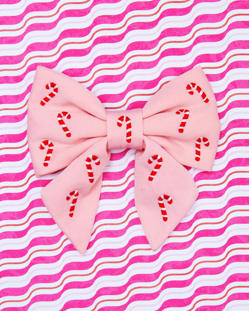 Blush Pink Embroidered Candy Canes Lady Dog Bow (Made in the USA) Wear THE FOGGY DOG