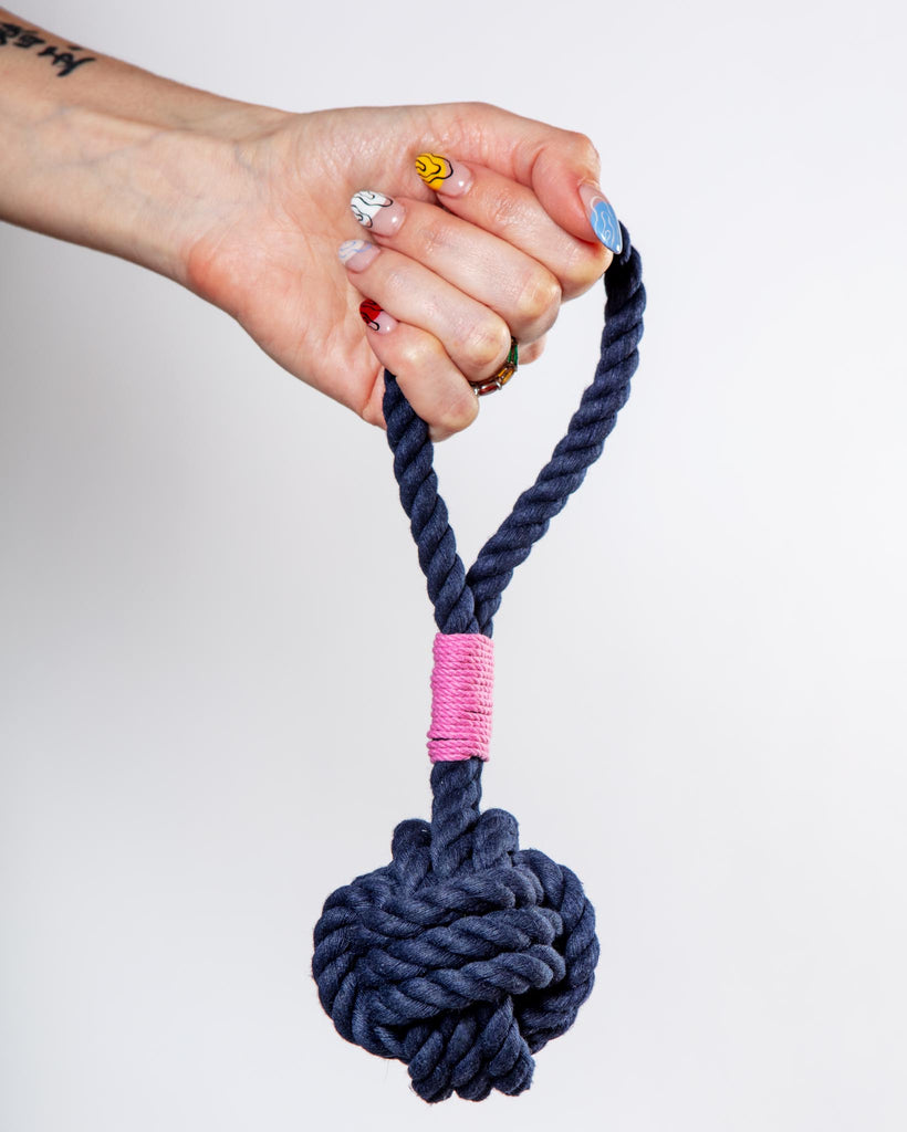 Monkey Fist Rope Dog Toy in Navy with Pink Whipping (Made in the USA) Play MYSTIC KNOTWORK   