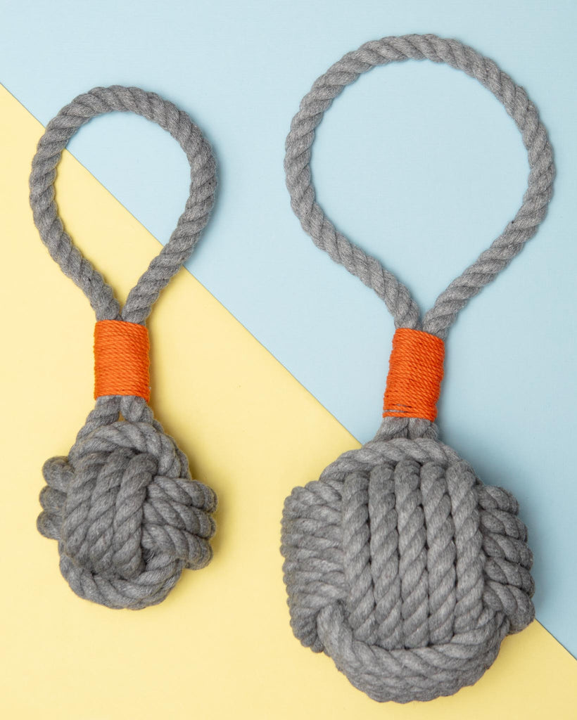 Monkey Fist Rope Dog Toy in Gray with Orange Whipping (Made in the USA) Play MYSTIC KNOTWORK   