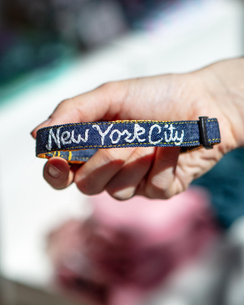 Hand Embroidered New York City Dog Collar in Dark Denim (Made in the USA) WALK MIMI GREEN   