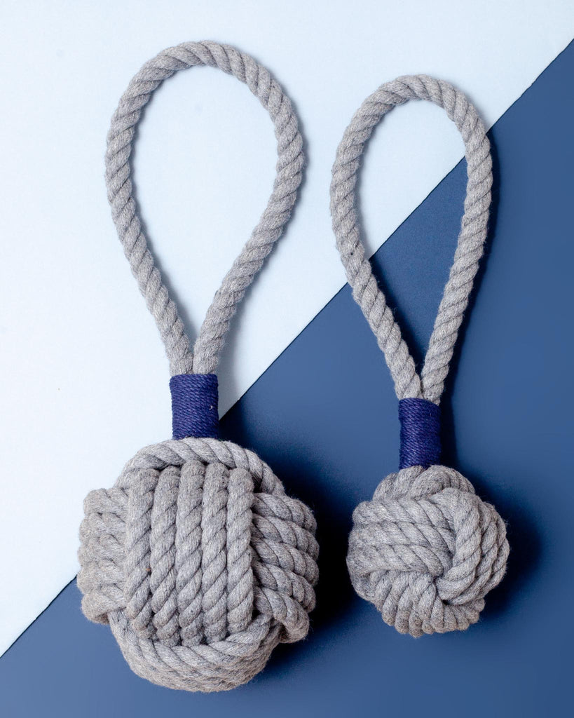 Monkey Fist Rope Dog Toy in Gray with Navy Whipping (Made in the USA) Play MYSTIC KNOTWORK   