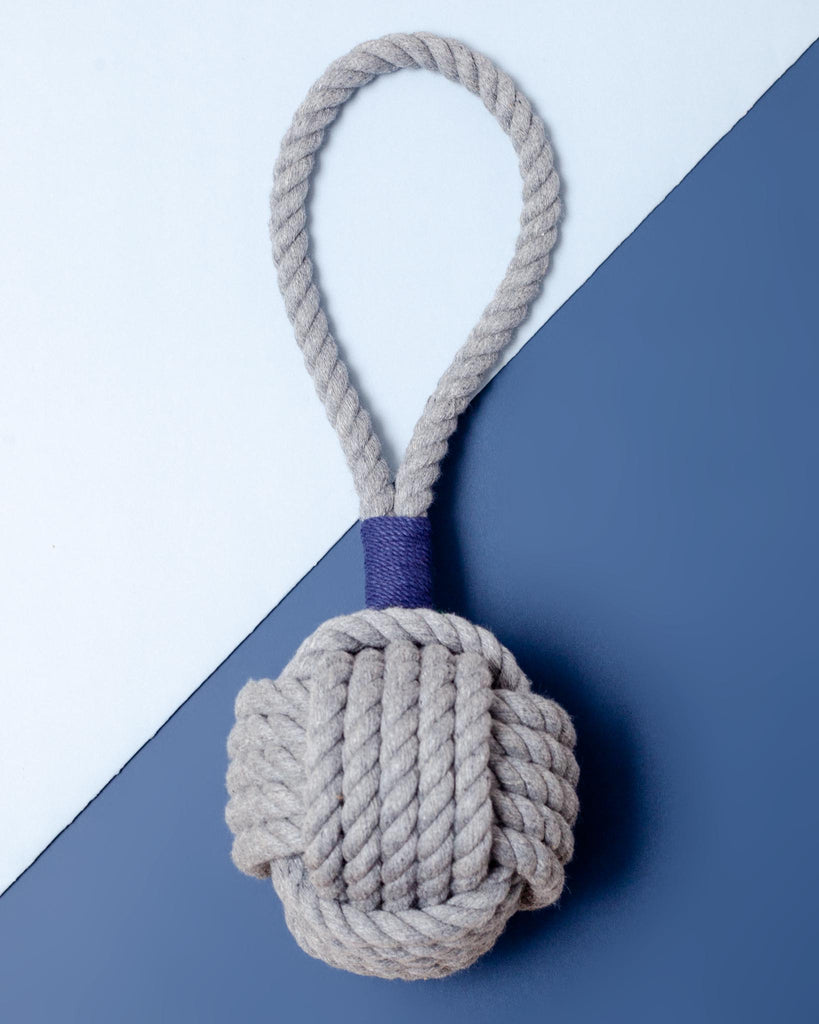 Monkey Fist Rope Dog Toy in Gray with Navy Whipping (Made in the USA) Play MYSTIC KNOTWORK   