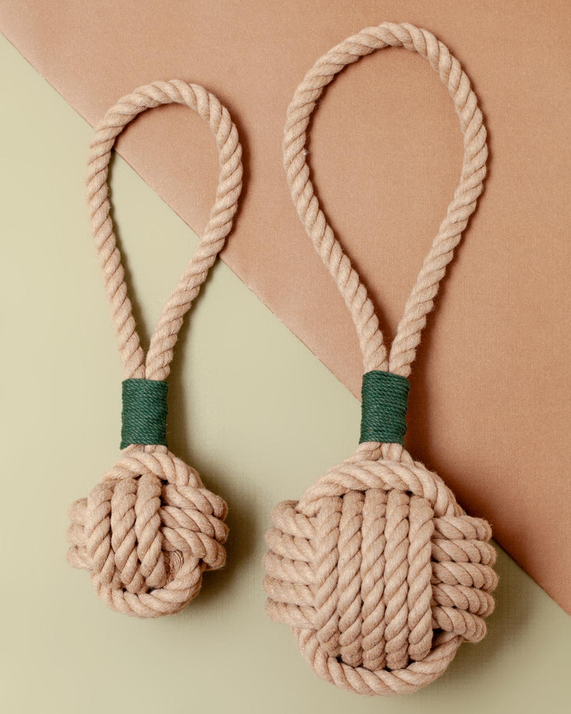 Monkey Fist Rope Dog Toy in Tan with Forest Green Whipping (Made in the USA) Play MYSTIC KNOTWORK   