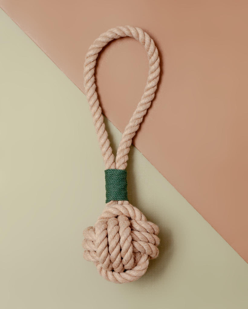 Monkey Fist Rope Dog Toy in Tan with Forest Green Whipping (Made in the USA) Play MYSTIC KNOTWORK   
