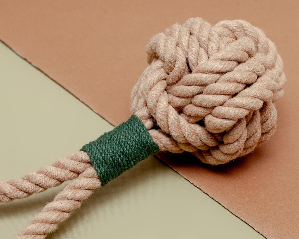 Monkey Fist Rope Dog Toy in Tan with Forest Green Whipping (Made in the USA) Play MYSTIC KNOTWORK   
