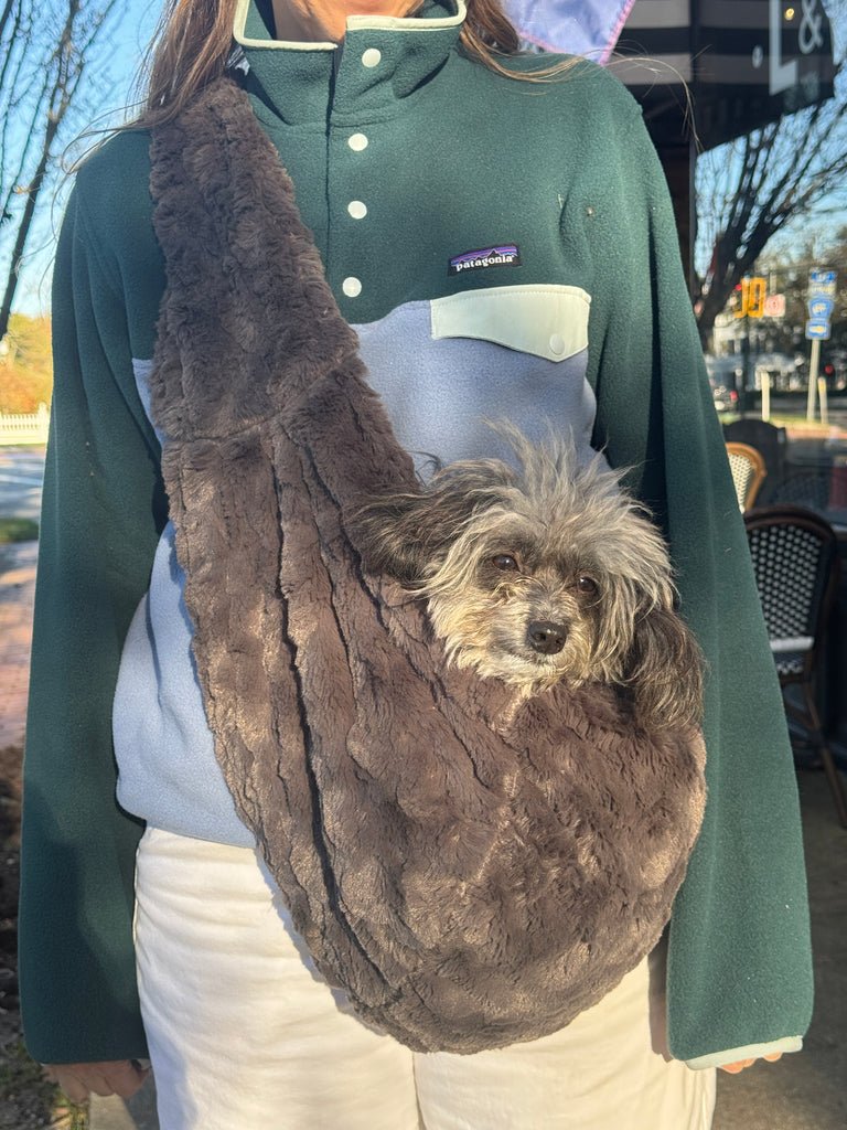 Faux Fur Sling Dog Carrier Bag (Made in the USA) Carry THE DOG SQUAD Dark Grey