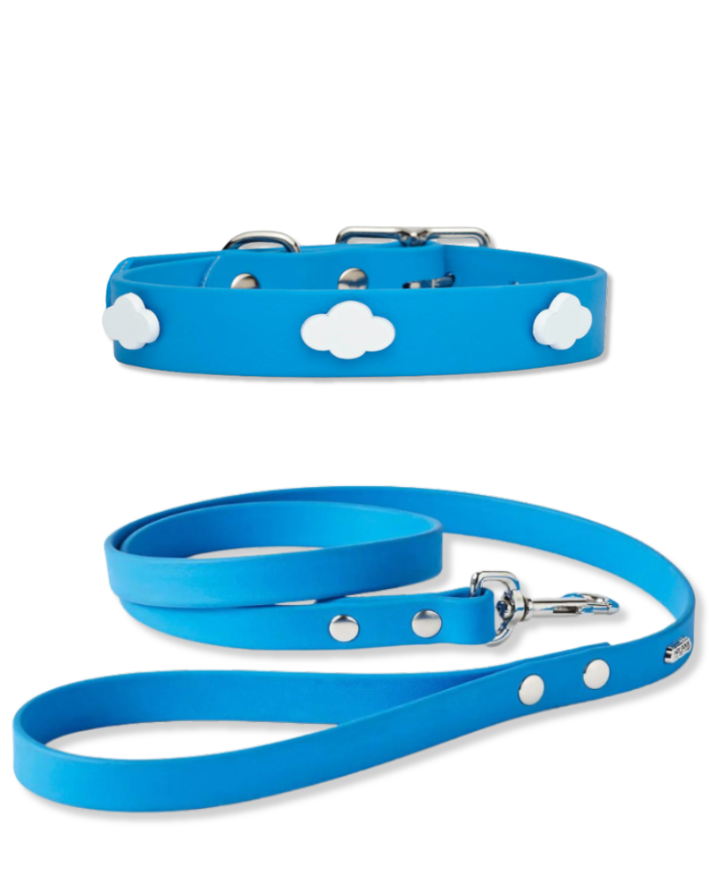 Sky Blue Clouds Dog Collar + Leash Set (Made in Canada) Walk HOT DOGS ALL DRESSED
