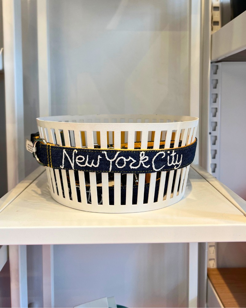 Hand Embroidered New York City Dog Collar in Dark Denim (Made in the USA) WALK MIMI GREEN   