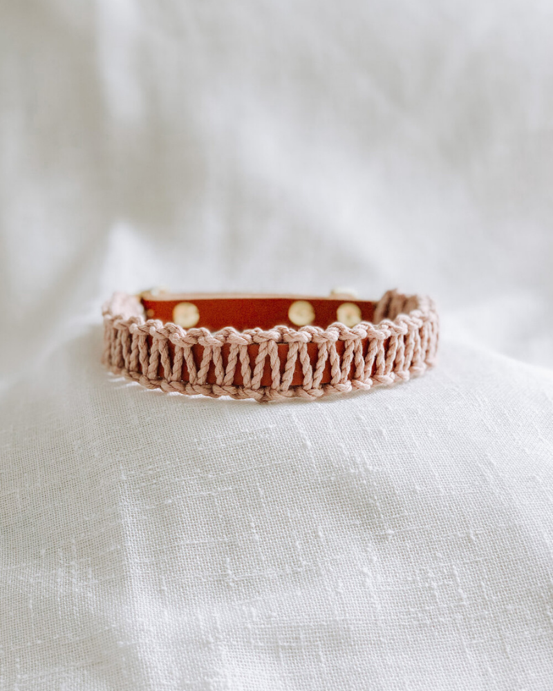 Macrame & Leather Dog Collar in Blush w/ Caramel (Made in the USA) (FINAL SALE) WALK EMBER & IVORY   