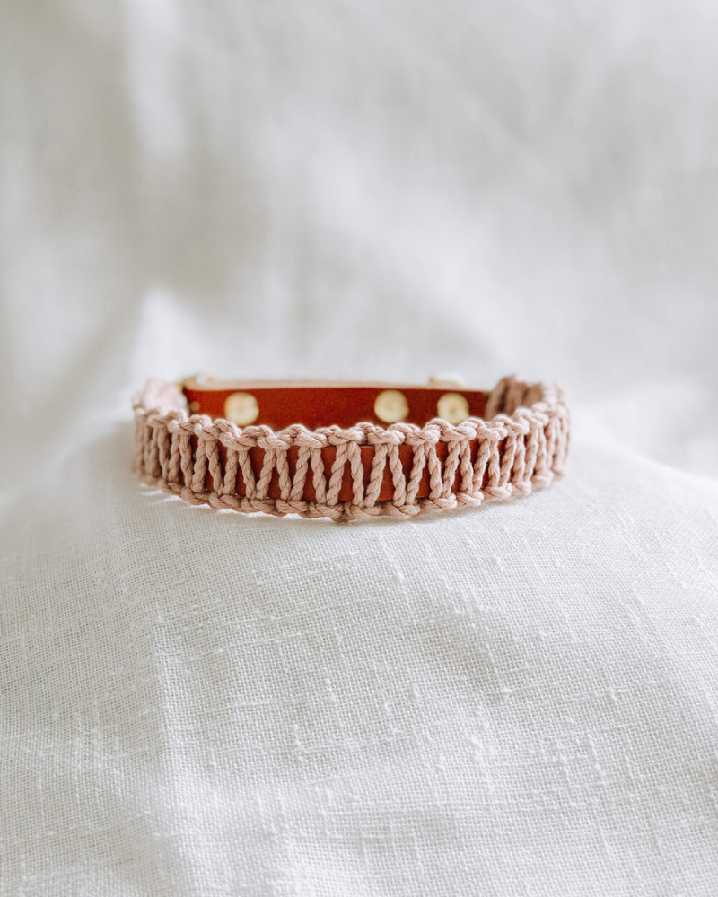 Macrame & Leather Dog Collar in Blush w/ Caramel (Made in the USA) (CLEARANCE) WALK EMBER & IVORY   