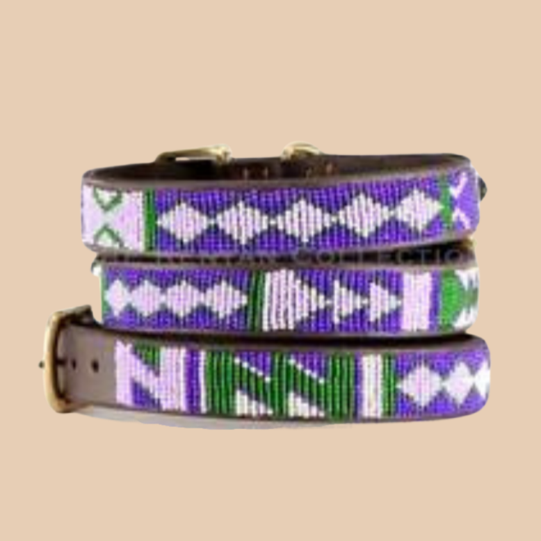 Yesterday Today Tomorrow Beaded Leather Dog Collar (FINAL SALE) WALK THE KENYAN COLLECTION   