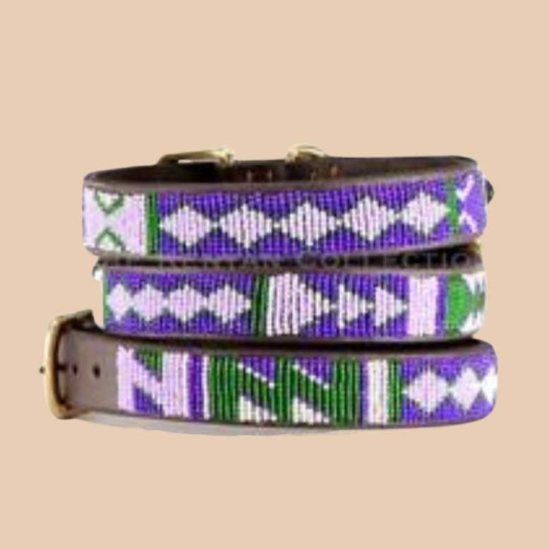 Yesterday Today Tomorrow Beaded Leather Dog Collar WALK THE KENYAN COLLECTION   