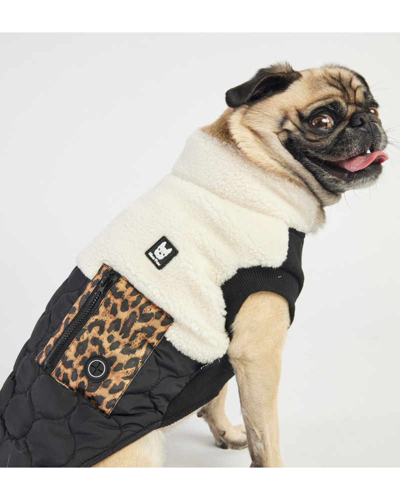 Loki Sherpa + Leopard Quilted Dog Jacket<br>((FINAL SALE)) Wear SILVER PAW   