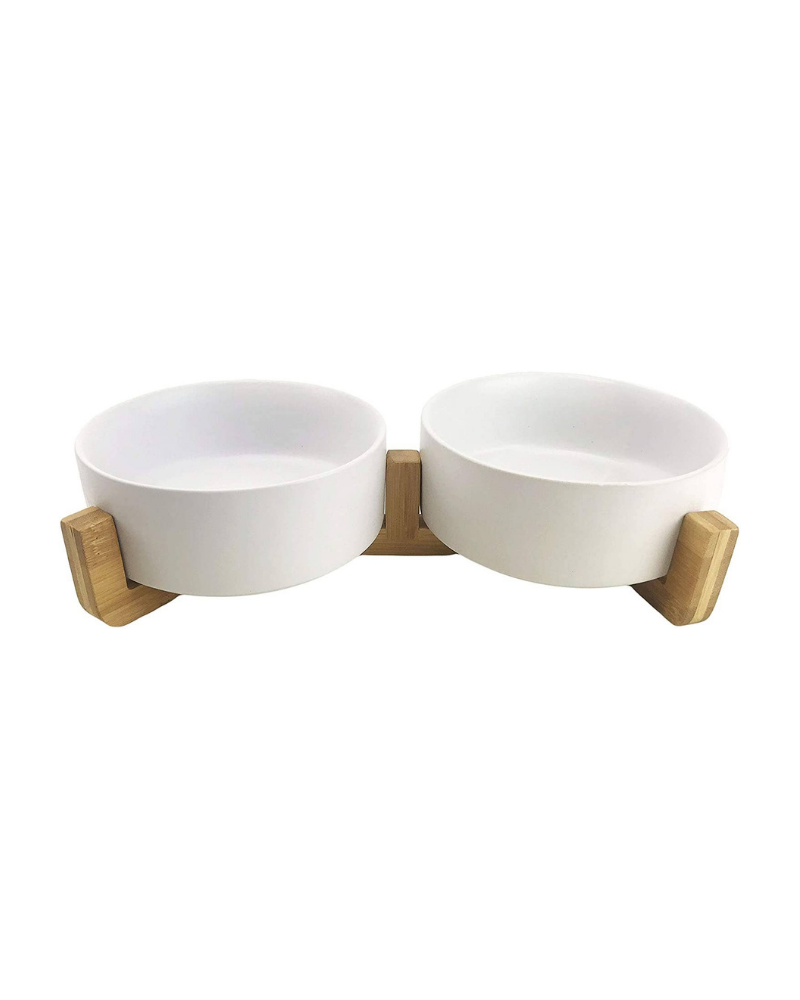 Double Bowl + Stand Feeder in Eggshell and Bamboo Eat MIDLEE   
