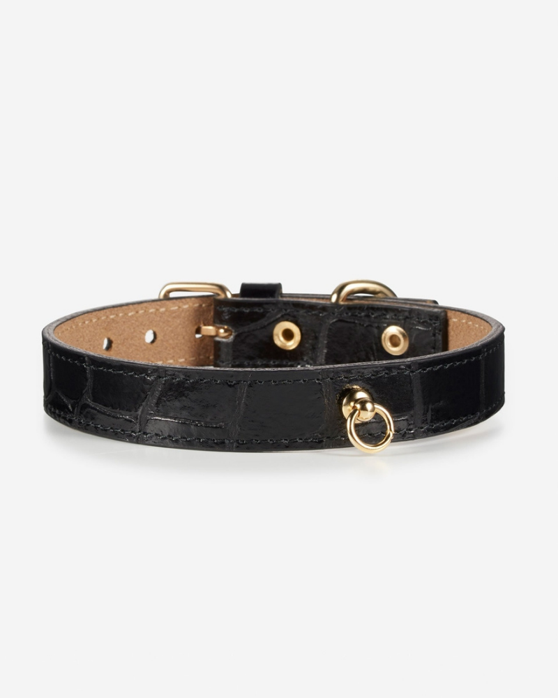 Lia Crocodile Print Leather Dog Collar in Black (Made in Italy) (CLEARANCE) WALK BRANNI   