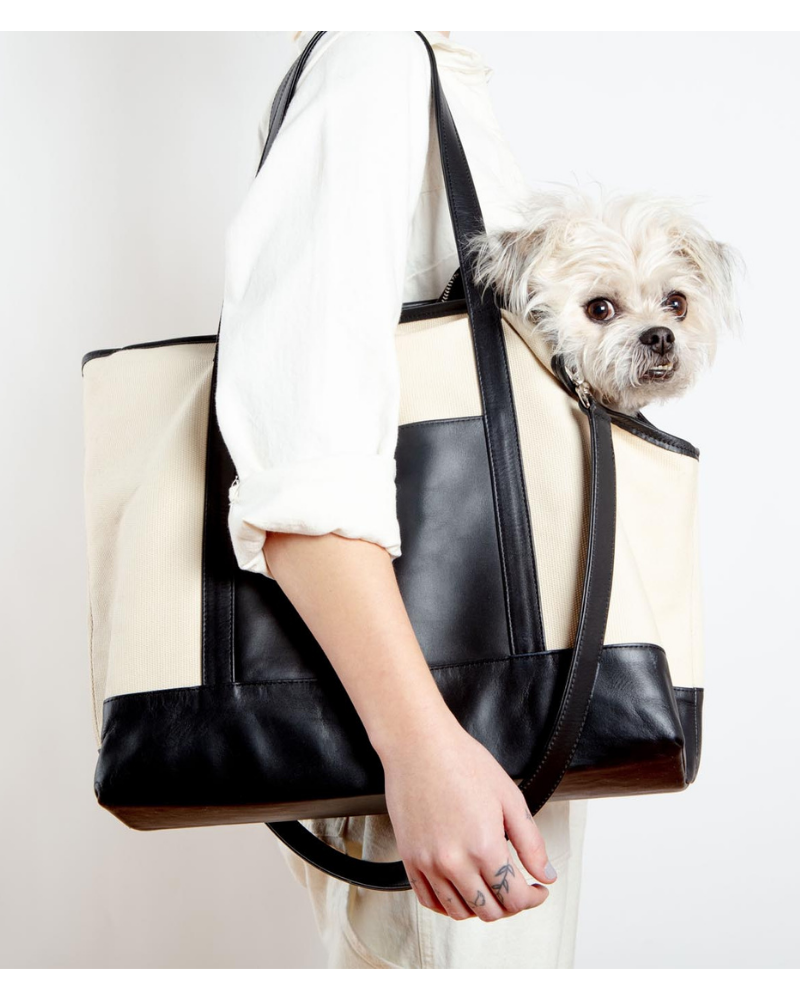 Black Leather & Natural Canvas Luxe Dog Carrier <br>(Made in Mexico)<br>(Dog & Co. Exclusive) Carry LECUONA x DOG & CO.   